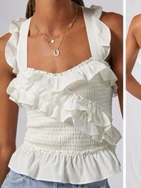 Maeve by Anthropologie White Ivory Ruffled Smocked Tank